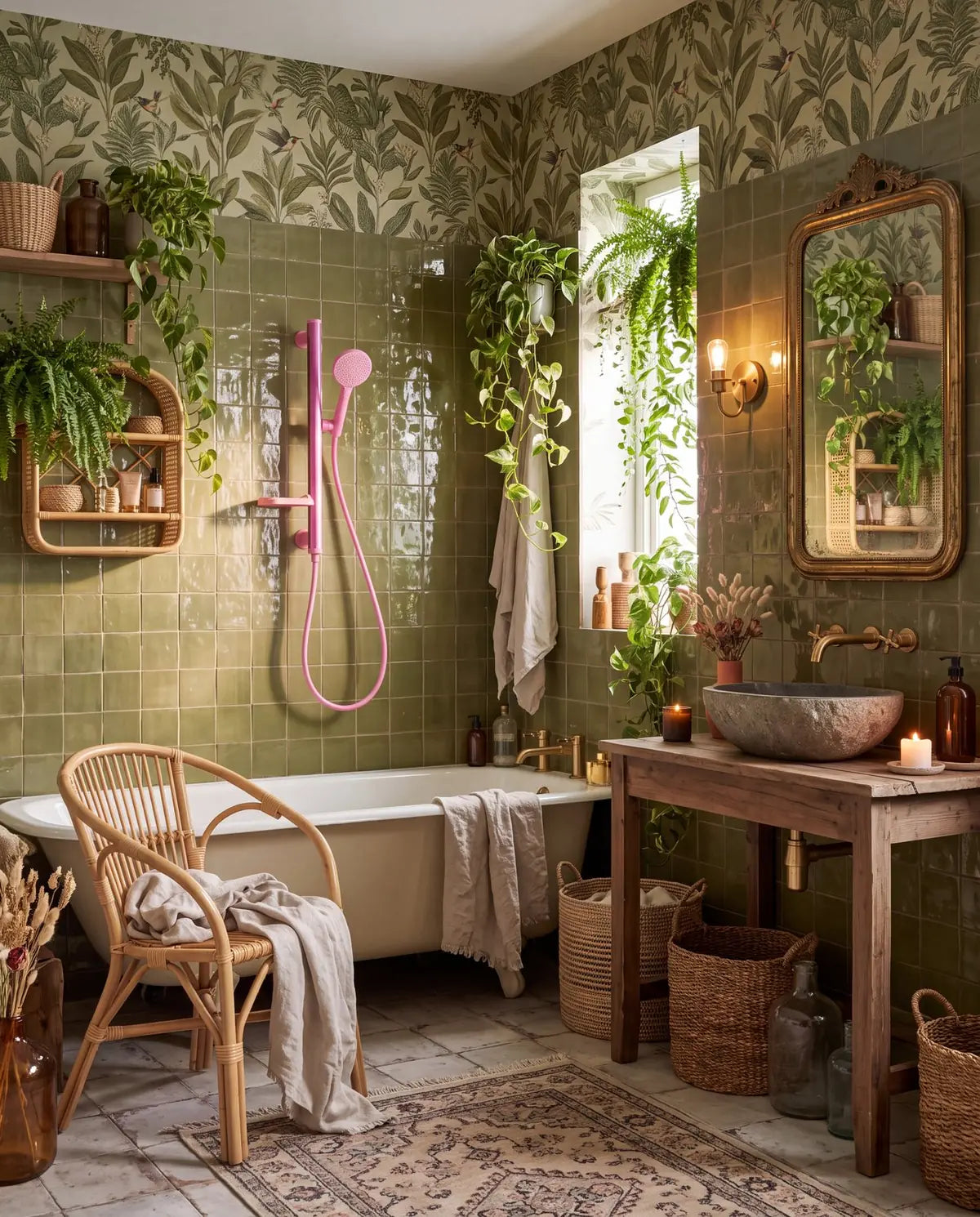 Pink Showrz kit in a botanical bathroom