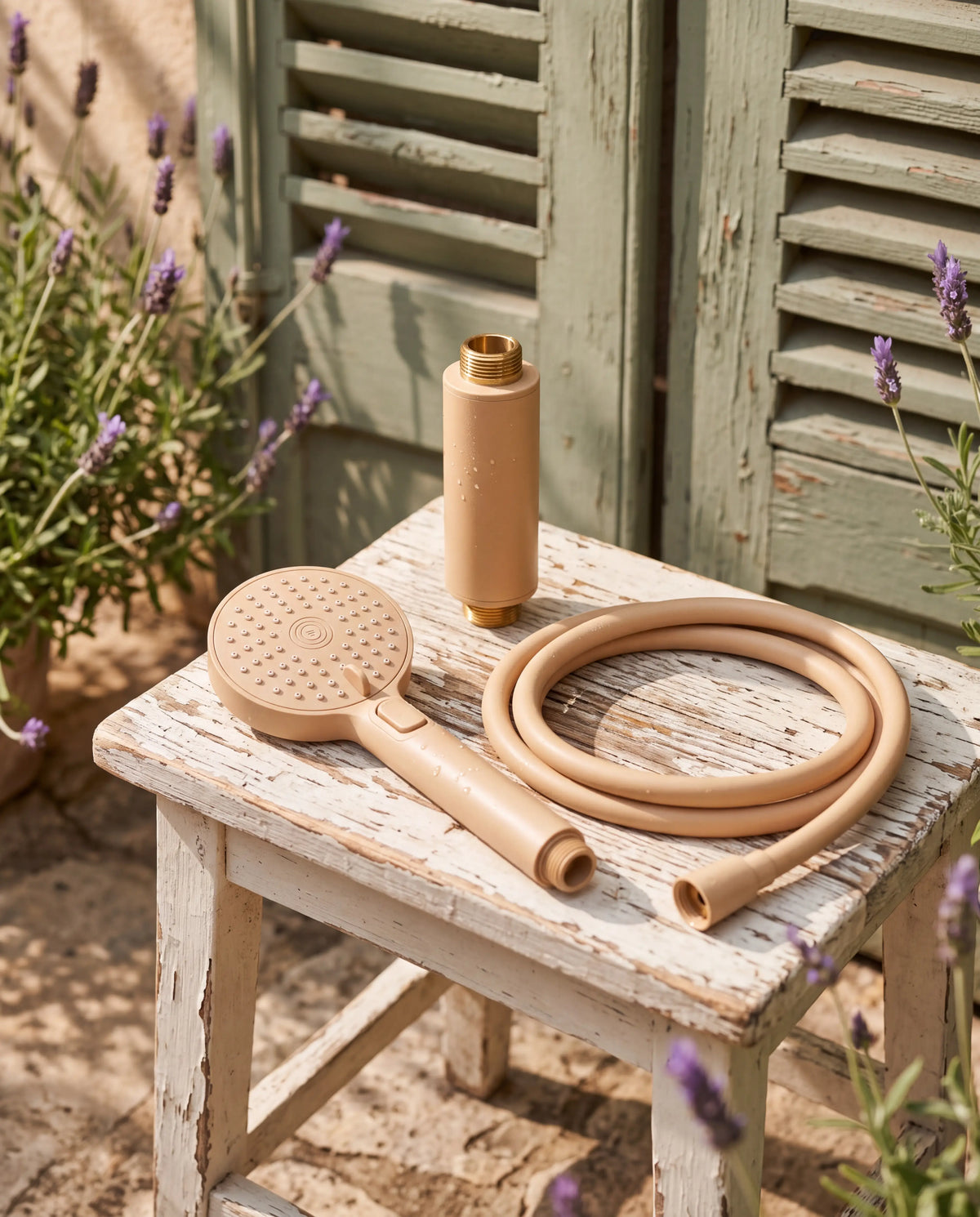 Beige Showrz filter shower head and filter with matching hose
