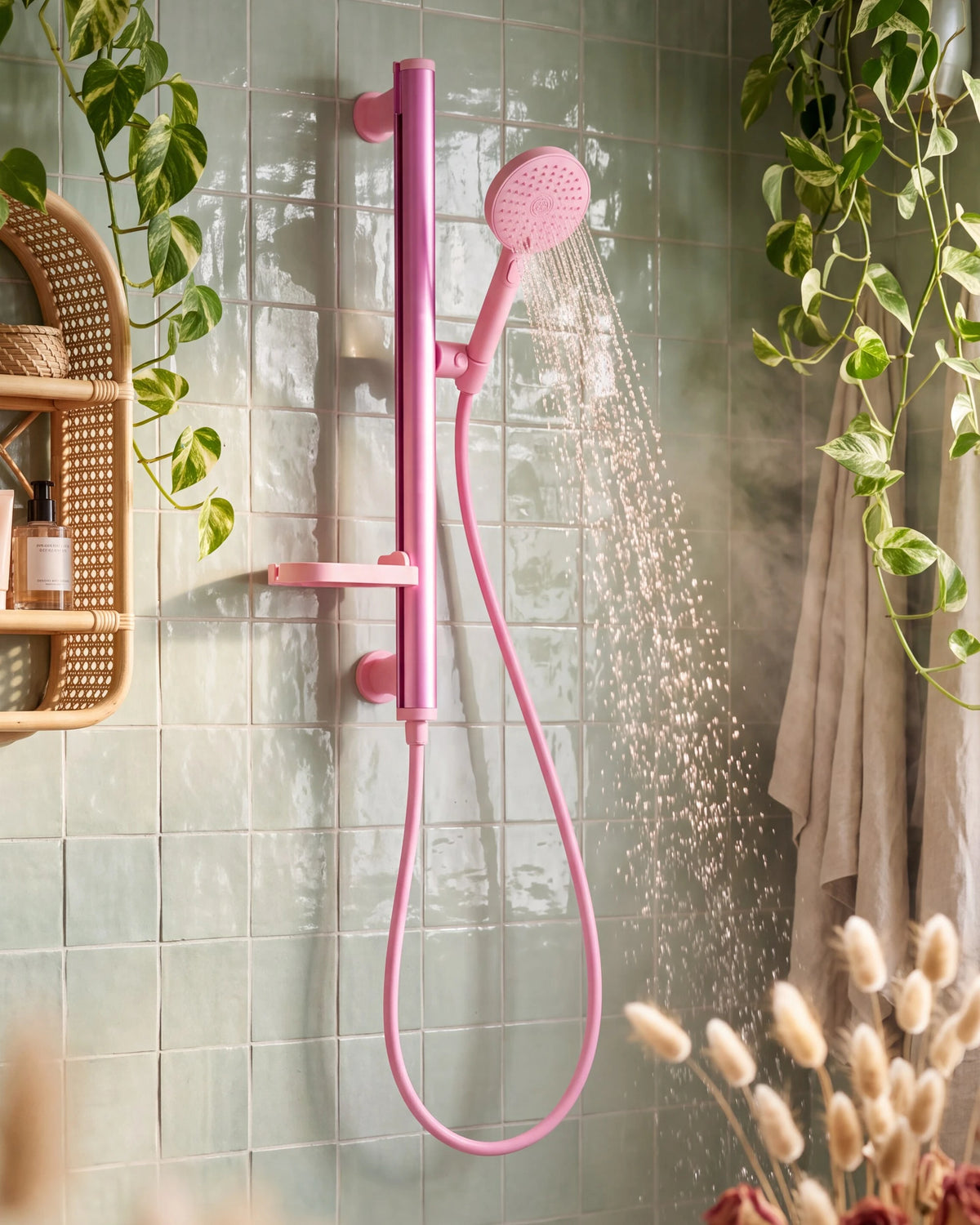 Pink Showrz Kit installed no-drill in a bohemian sage green zellige shower with pampas